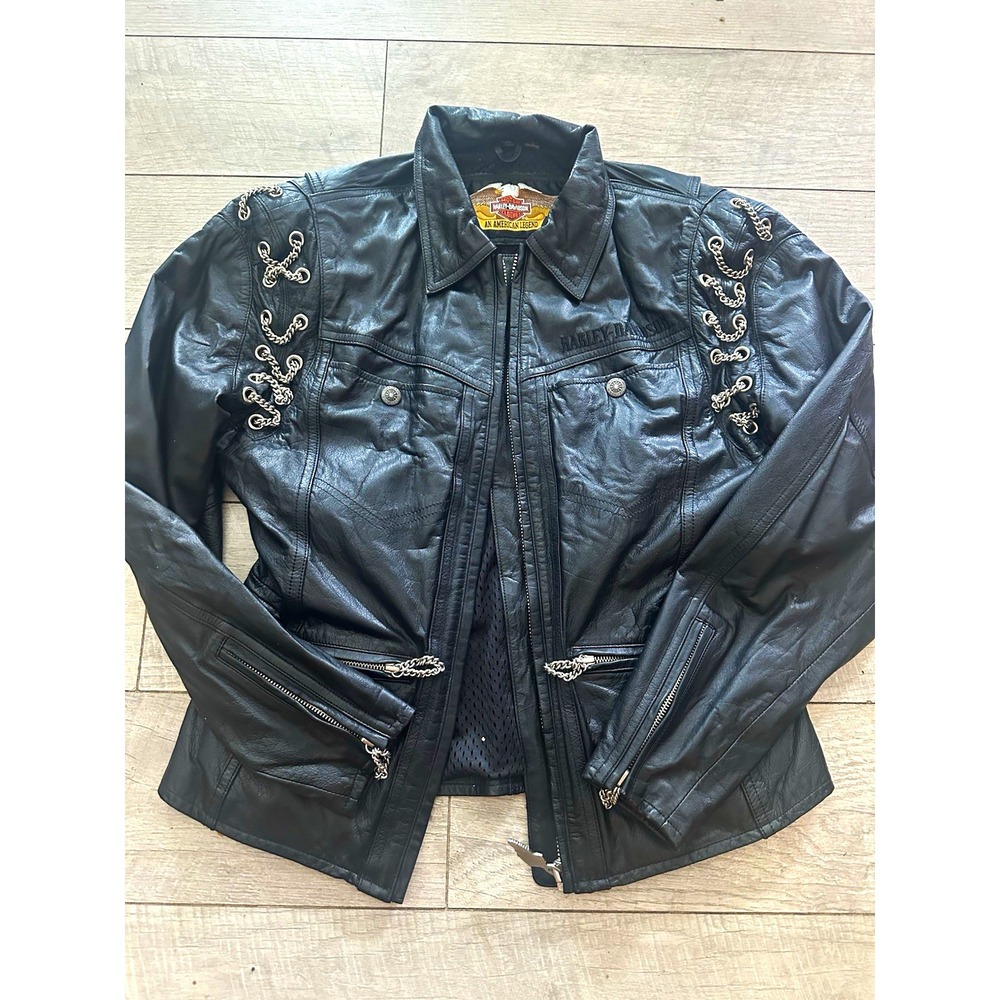 Harley-Davidson Women's Medium Black Leather Chain Detail Biker Jacket